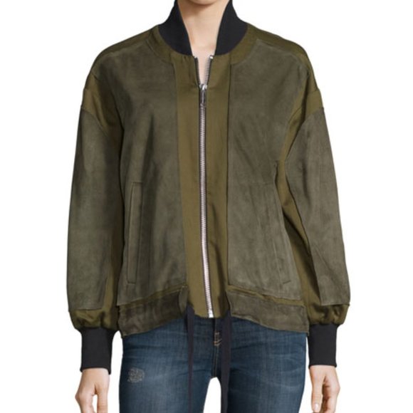 Public School New YorkStone Suede & Twill Bomber Jacket Army Green - Small